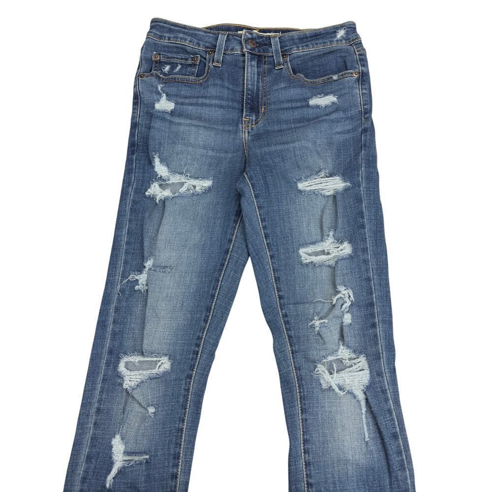 LEVI'S 721 High Rise Skinny Jean Sz 27 Blue Distressed Ripped Detail - Picture 3 of 7